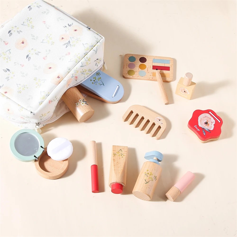 Juguetes de maquillaje de simulación de madera para bebés, juego de cosméticos de simulación, casa de juegos para niñas, peluquería, juguetes preescolares