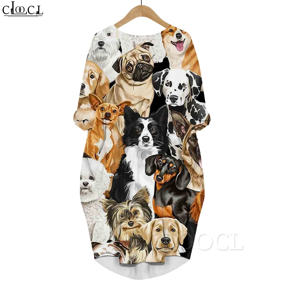 CLOOCL 2022 New Dress Watercolor Dog Printed Loose Casual Daughter Dress Long Sleeve Fashion Pocket Women Summer Dresses