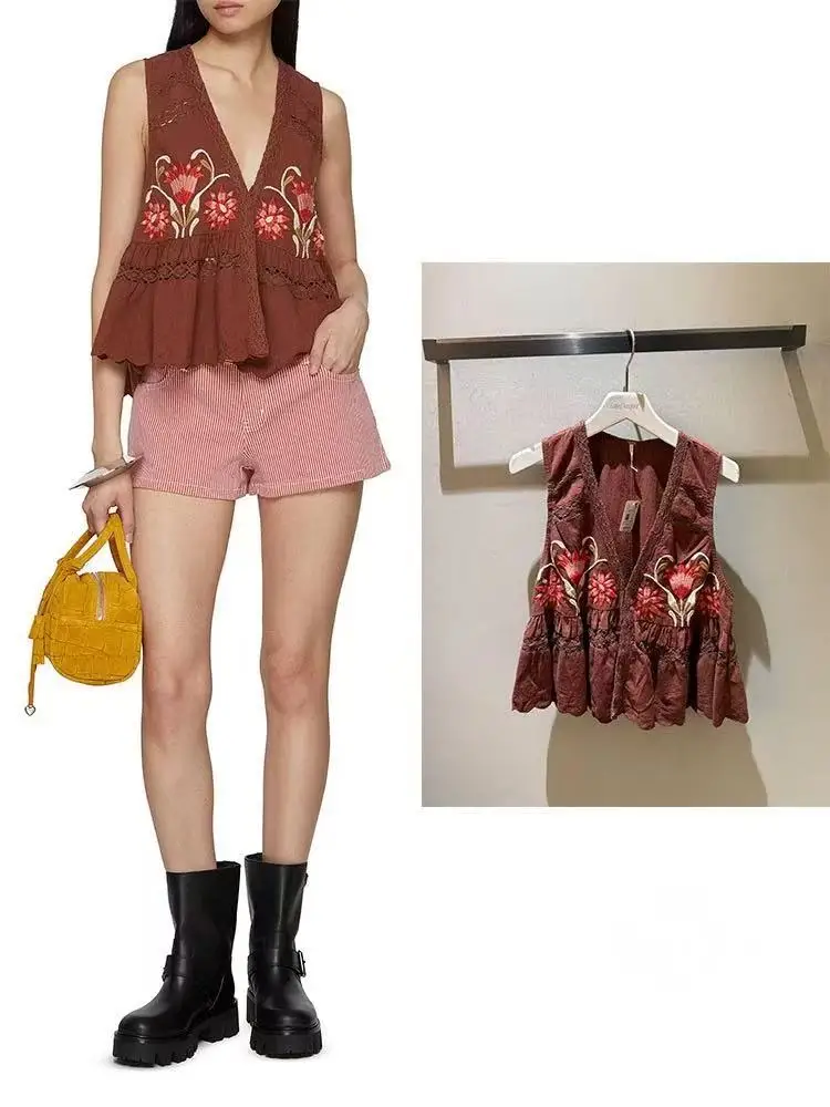Withered French Retro Floral Embroidery V-neck Lace Lace Lace Sleeveless Vest Vest Vest Vest Women's Vest