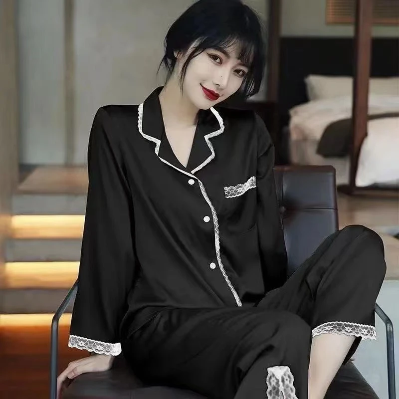 Spring Autumn New Soft Stain Women's Pajamas Set Long-sleeved Trousers Two-piece Set Lace Silk Home Wear Clothes for Women