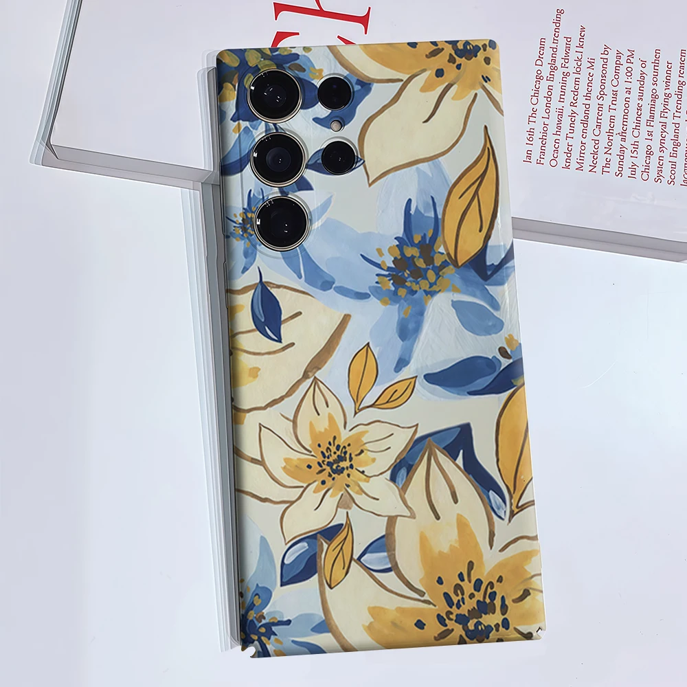 Blue & Yellow Large Floral Phone Case for Samsung Galaxy S26 S25 Ultra S24 S23 Ultra Plus Glossy Double-layer Back Cover