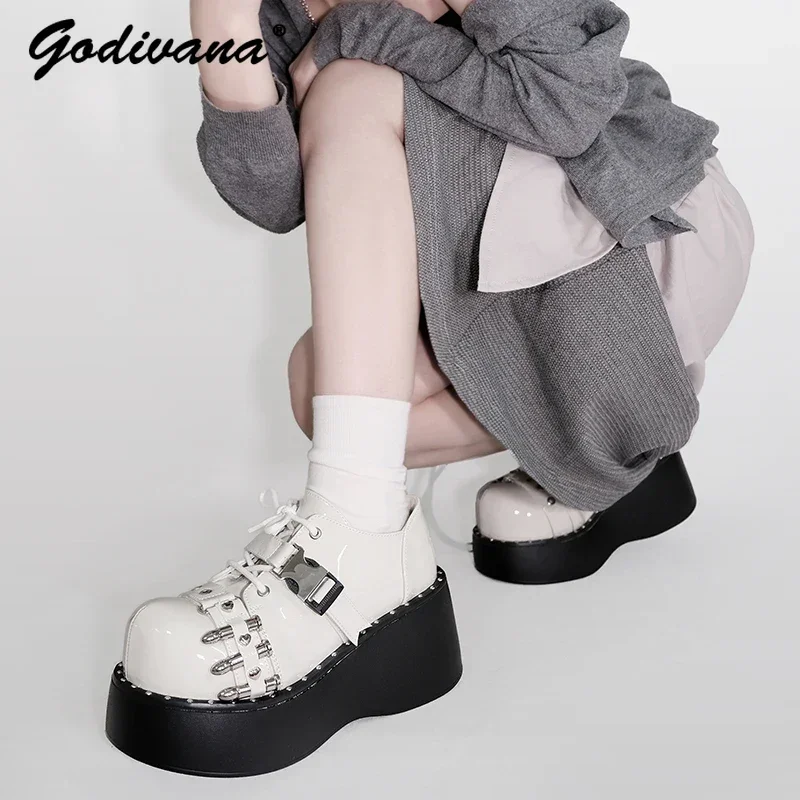 Hot Girl Platform Shoes Original Round Head Thick Bottom Asian Culture Y2K Lace Up Muffin Leather Shoes Female High Heel Pumps