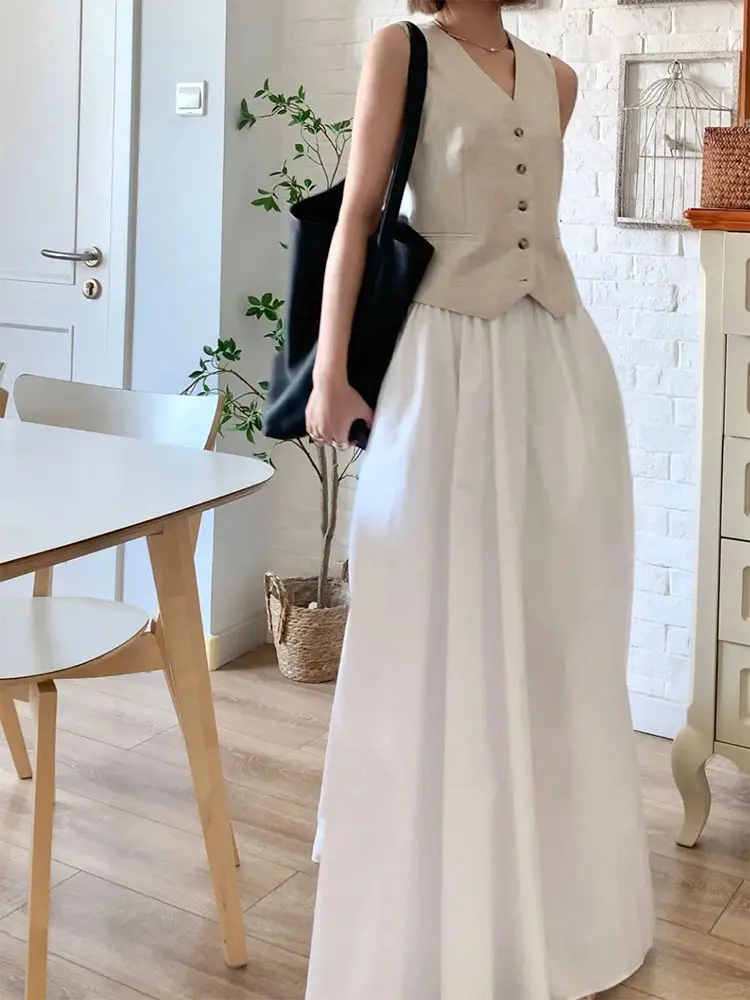 Frans Haute Couture V-Hals Minimalistisch Woon-Werkkostuum Vest Zomer Western-Stijl Modieuze Witte Lange Rok Modeset Voor Dames