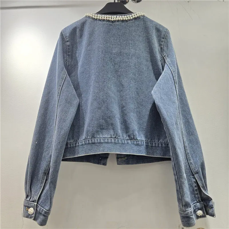 Autumn New Women Heavy Work Pearl Decoration Blue Short Denim Jacket Round Neck Single-Breasted Long Sleeve Jeans Jacket Coat