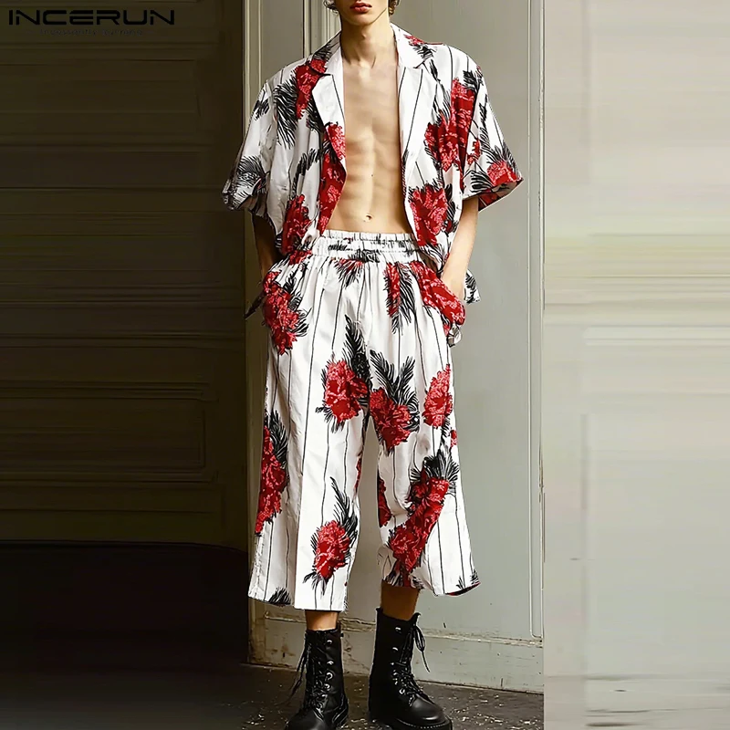 

INCERUN Summer Men Sets Flower Printing Lapel Short Sleeve Shirt & Shorts 2PCS 2025 Fashion Men's Casual Suits S-5XL Streetwear