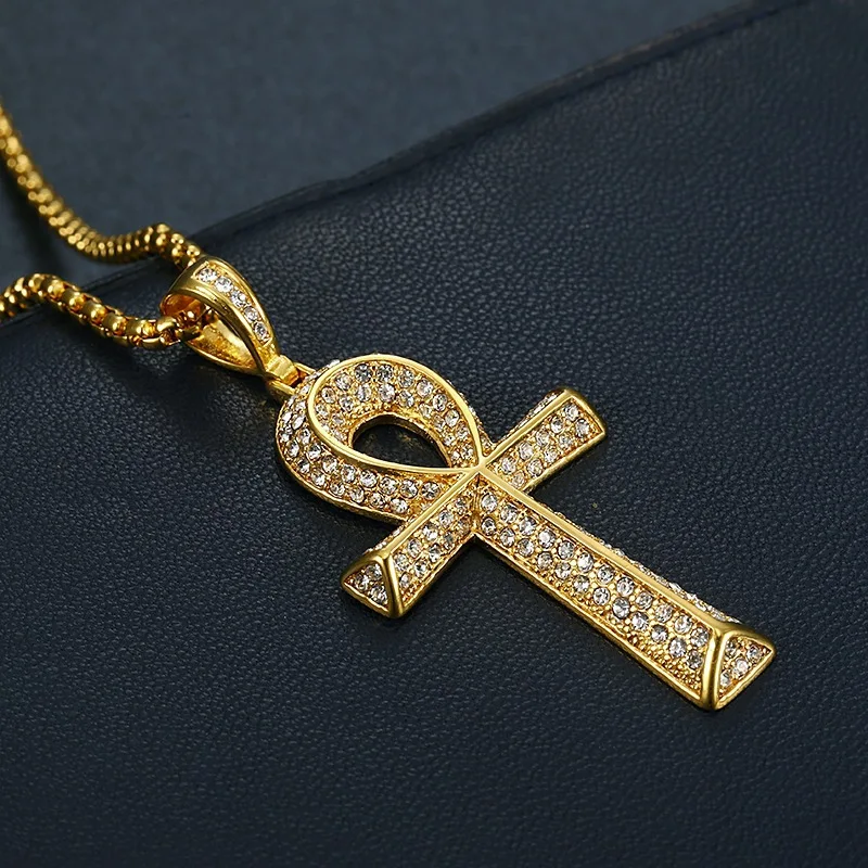 Gold silver color Micro Cubic Zirconia Anka Egyptian T Shaped Cross Pendant Fashion Iced Out Bling Key Of Life Necklace Jewelry