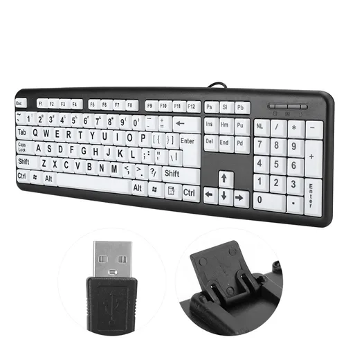 Imagen 2 del producto Teclado para personas mayores Teclado negro de baja visión Teclado para personas mayores con cable USB con teclas de impresión grandes blancas Teclado de impresión grande