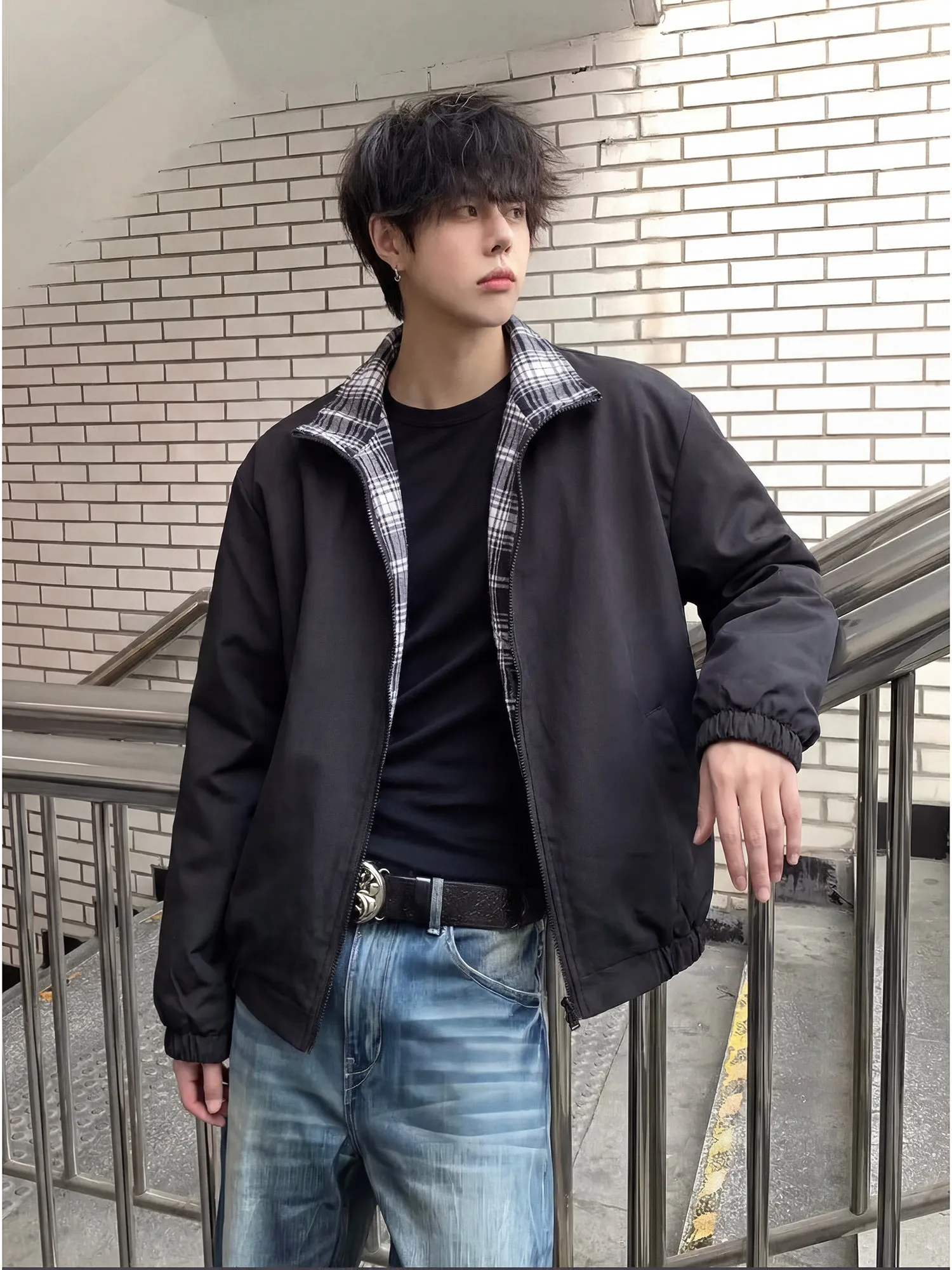 American Plaid Splicing Short Baseball Style Men's Jacket Spring Season Cleanfit Flight Coat Loose Fit Windproof Zipper Decor...