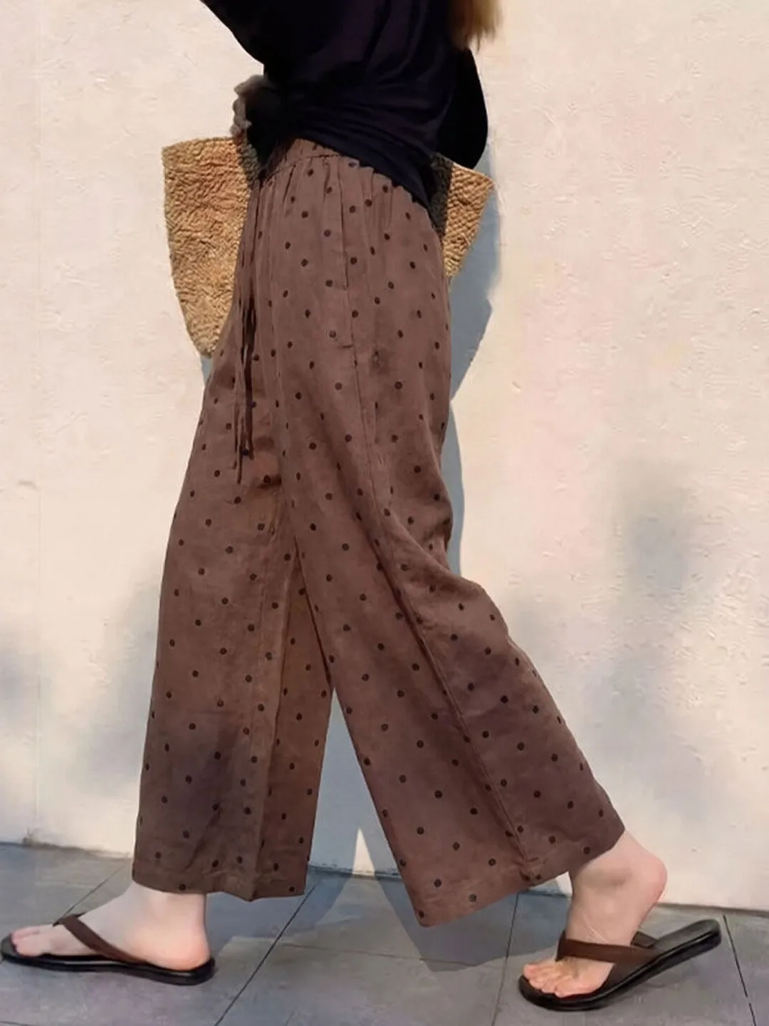 

Элитные корейские и японские женские летние повседневные брюки больших размеров с принтом в горошек, 3D-эффектом, тонкие, драпированные, универсальные, прямого кроя