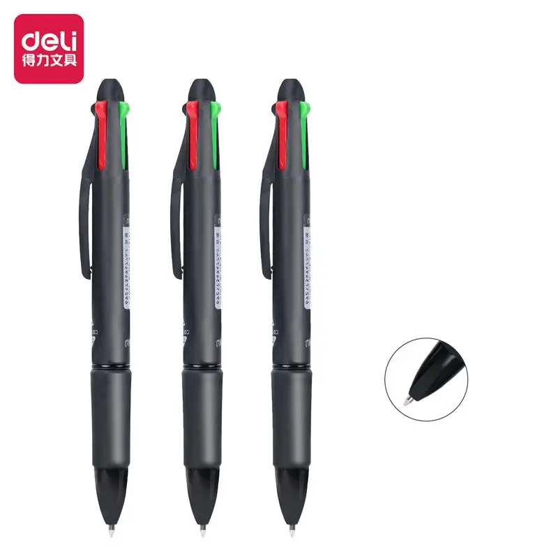 Deli Four Color Switching Simple Ballpoint Pen 0.7mm Bullet Head Student Office Writing Tool Stationery Exam Supplies 12pcs