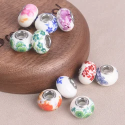 10pcs Flower Patterns Rondelle 15x10mm Ceramic Porcelain European Charms Loose Big Hole Beads For DIY Bracelet Jewelry Making