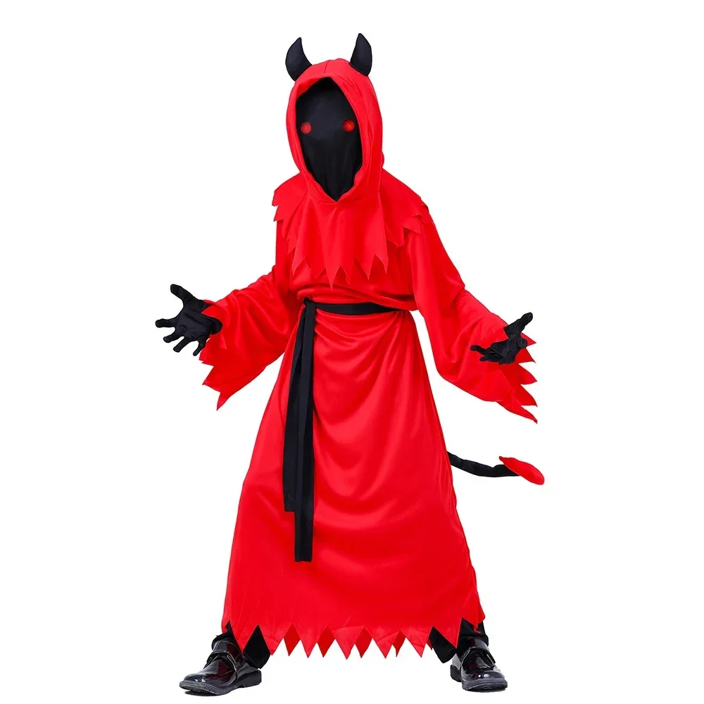 

Halloween Kids Demon Horror Glowing Red Glasses Jumpsuit Cosplay Costume Red Devil Robe Boys Party Halloween Costume