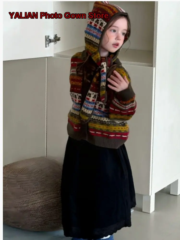 Girls Fair Isle Knit Cardigan Kids Autumn Winter Round Neck Knit Top Solid Color