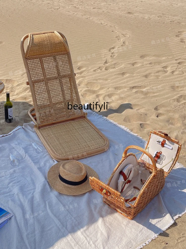 Modern Light Luxury Rattan Beach Chair Armchair Tatami Portable Camping Leisure Rattan Chair Multifunctional Deck Chair