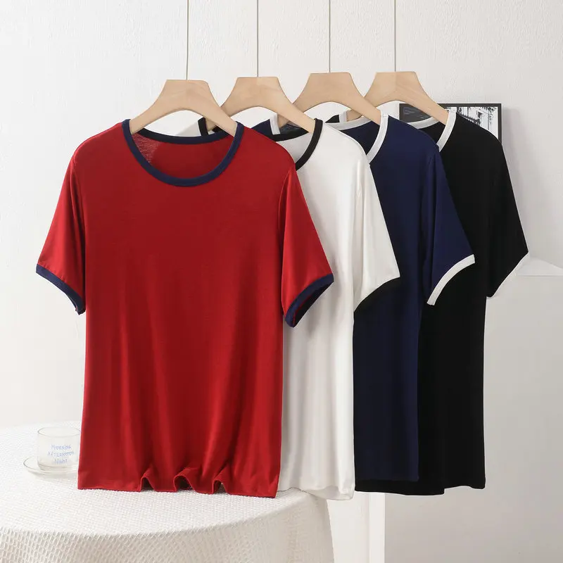 XL to 8XL Modal O-Neck Short-sleeved Tshirt with White Trim Loose Fit T-shirts Color-Blocking Tee Tops Lightweight Versatile Top