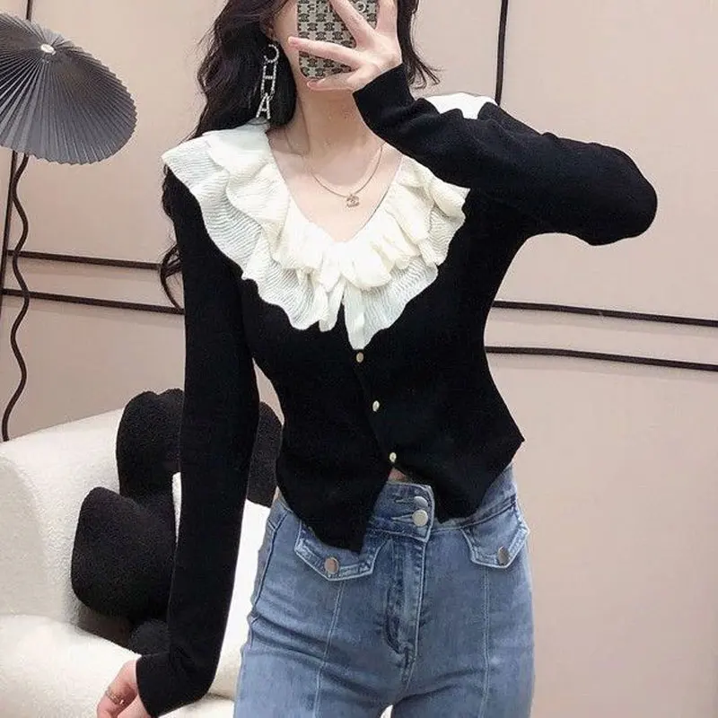 French Style Ruffles Spliced T-shirt Spring Autumn Stylish Slash Neck Women's Clothing Slim Knitted Elegant Striped Pullovers