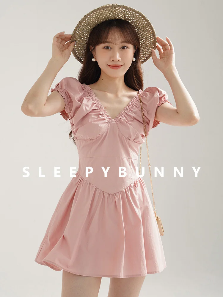 

Chic Ruffle V-Neck Mini Dress Women Puff Sleeve Slim Little Black Dress Summer Casual Short Skater Dress Petite Girls Date Look
