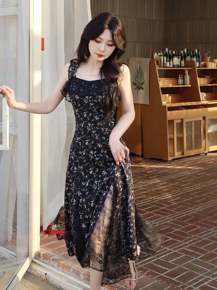 Sexy Elegant Floral Fairy Strap Dress Women Lace Design Korean Slim Party  Dress Female 2024 Autumn Black Causal Sweet Midi Dress - AliExpress  200000345