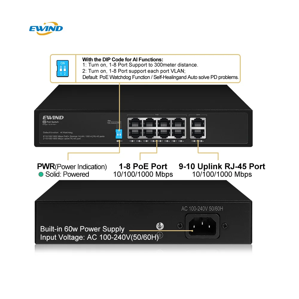 Full Gigabit POE Switch, 10 Ports Ethernet Switcher, 1000Mbps, 8 PoE, 2 RJ45, Uplinks, IEEE802.3af, at 120W for IP Camera