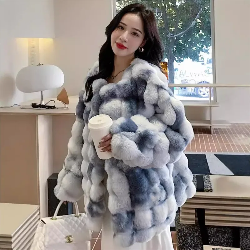 Nowy płaszcz damski z mieszanki futra i pluszu, luźny, z nadrukiem, puszysty, gruby, w stylu tie-dye.