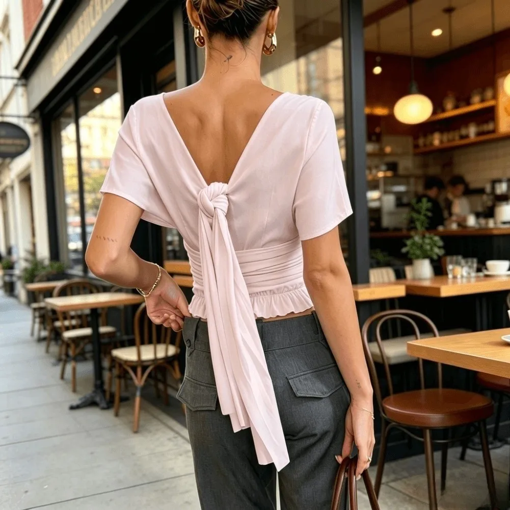 For Women's Deep V Neck Sleeveless Wrap Top Cinched Waist Tie Back for y2k Fashion Top for Summer Beach and Holiday Wear