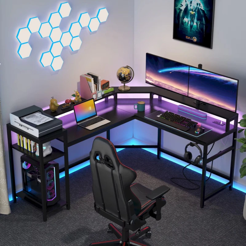 

Metal gaming table L-shaped computer desk with power outlets and LED strips