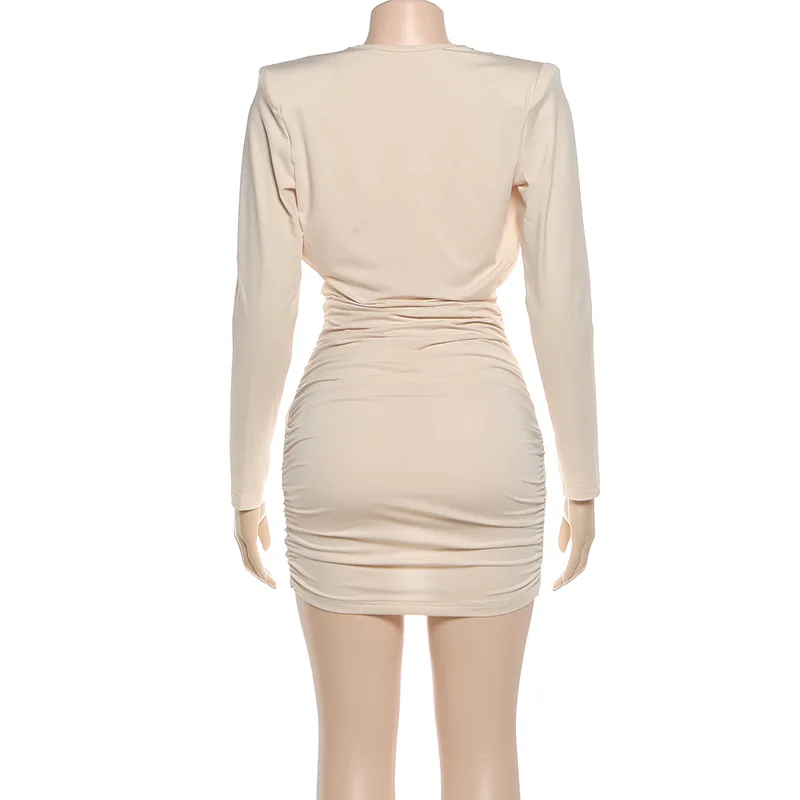 Women Solid Wrap Ruched Bodycon Mini Dress Elegant Sexy Deep V Neck Long Sleeve Slim Party Clubwear Female Casual Streetwear
