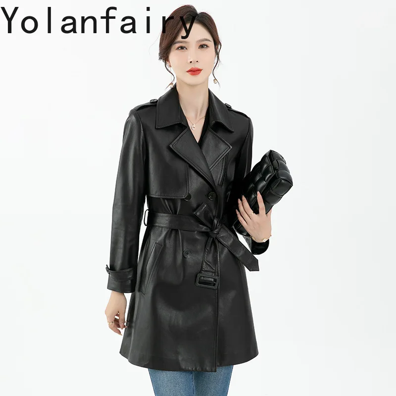 

YOLANFAIRY Sheerpskin Genuine Leather Trench Spring Autumn Long Suit Outwears Waist Jacket Fashion Jaqueta De Couro Feminina