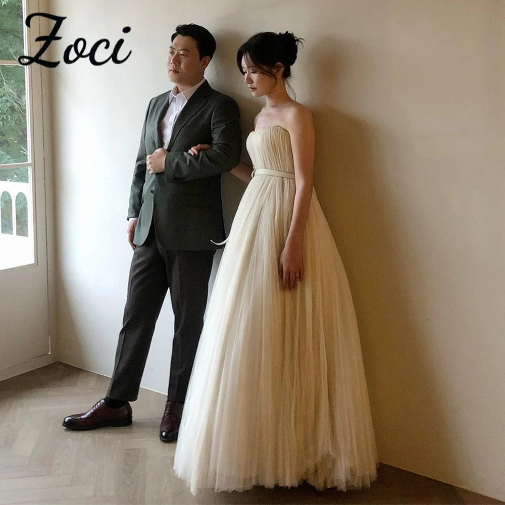 

Zoci Elegant Strapless Korea Evening Party Drress Customized Pleat Tulle Outfit A Line Wedding Recpetion Dress Photos Shoot