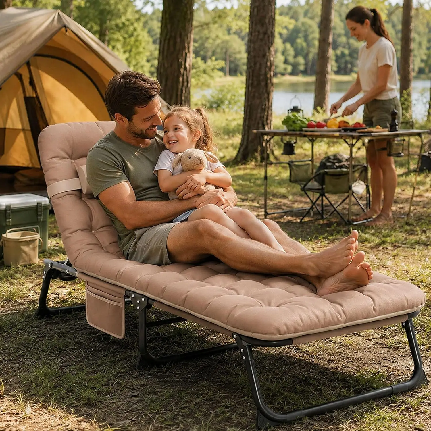 Tanning Chair With Face Hole Folding Beach Lounge Chair Beige Adjustable 5 Position Reclining Chaise Removable Cushion Pillow Cooler Bag Heavy Duty Portable Recliner For Outdoor Camping Home Patio