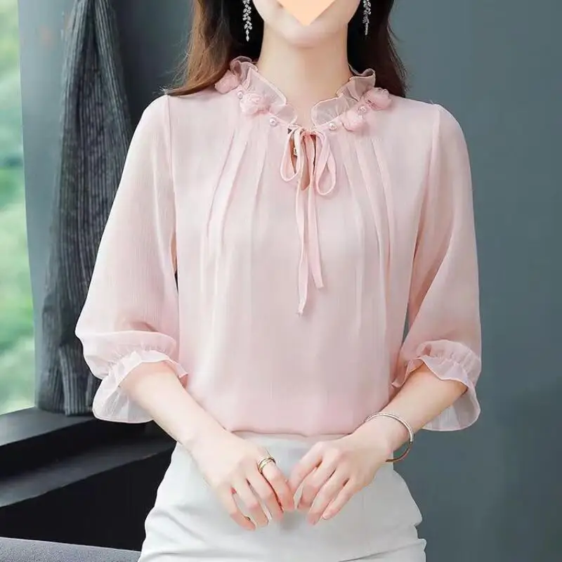 2026Summer New Women Retro Loose Chiffon Shirt Tops Stylish Versatile Niche Fairy Style Soft Comfort Seven Quarter Sleeved Shirt