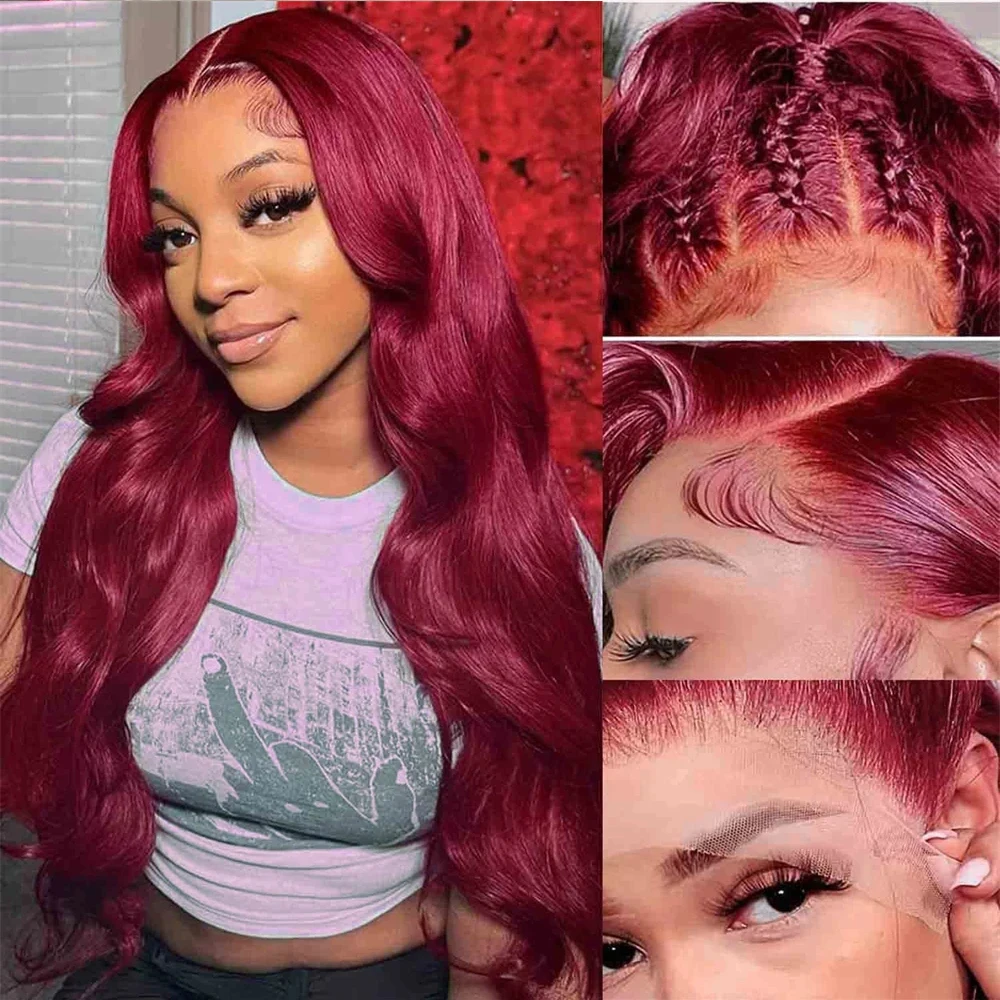 Perruque Lace Front Wig Body Wave Naturelle, Cheveux Humains, Couleur Bordeaux 99J, 4x4, 13x6, HD