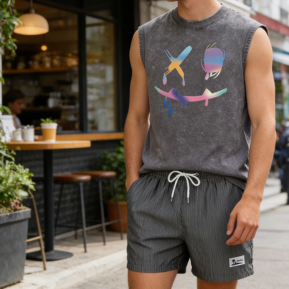 

Men's Retro Washed Tank Top & Pinstripe Swimming Shorts Two Piece Set Colorful Abstract Face Print Gym Fitness Beach Shorts