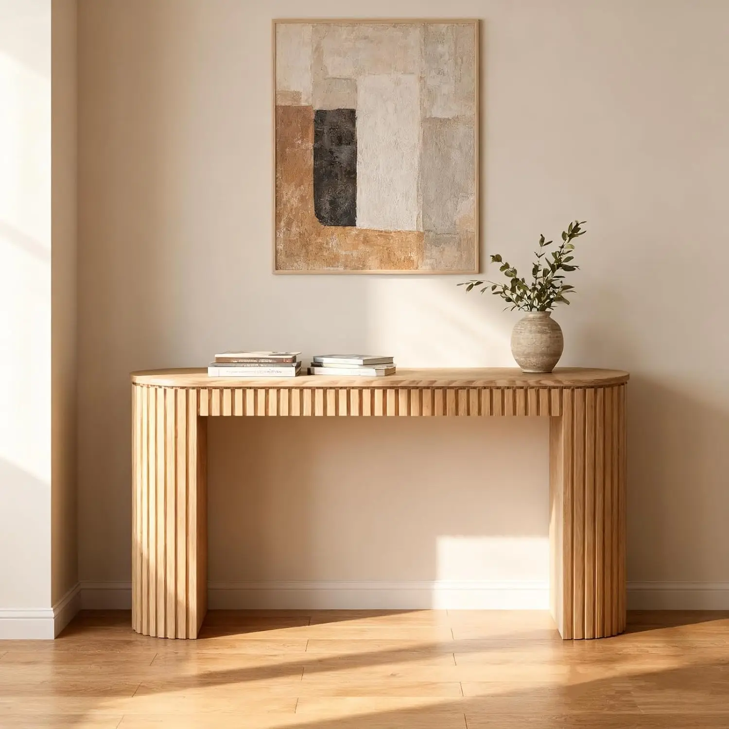 Wood Fluted Console Table with Drawer, Narrow Sofa Table, Oval Entry Table for Living Room Hallway, 59 inch, Customized view 3