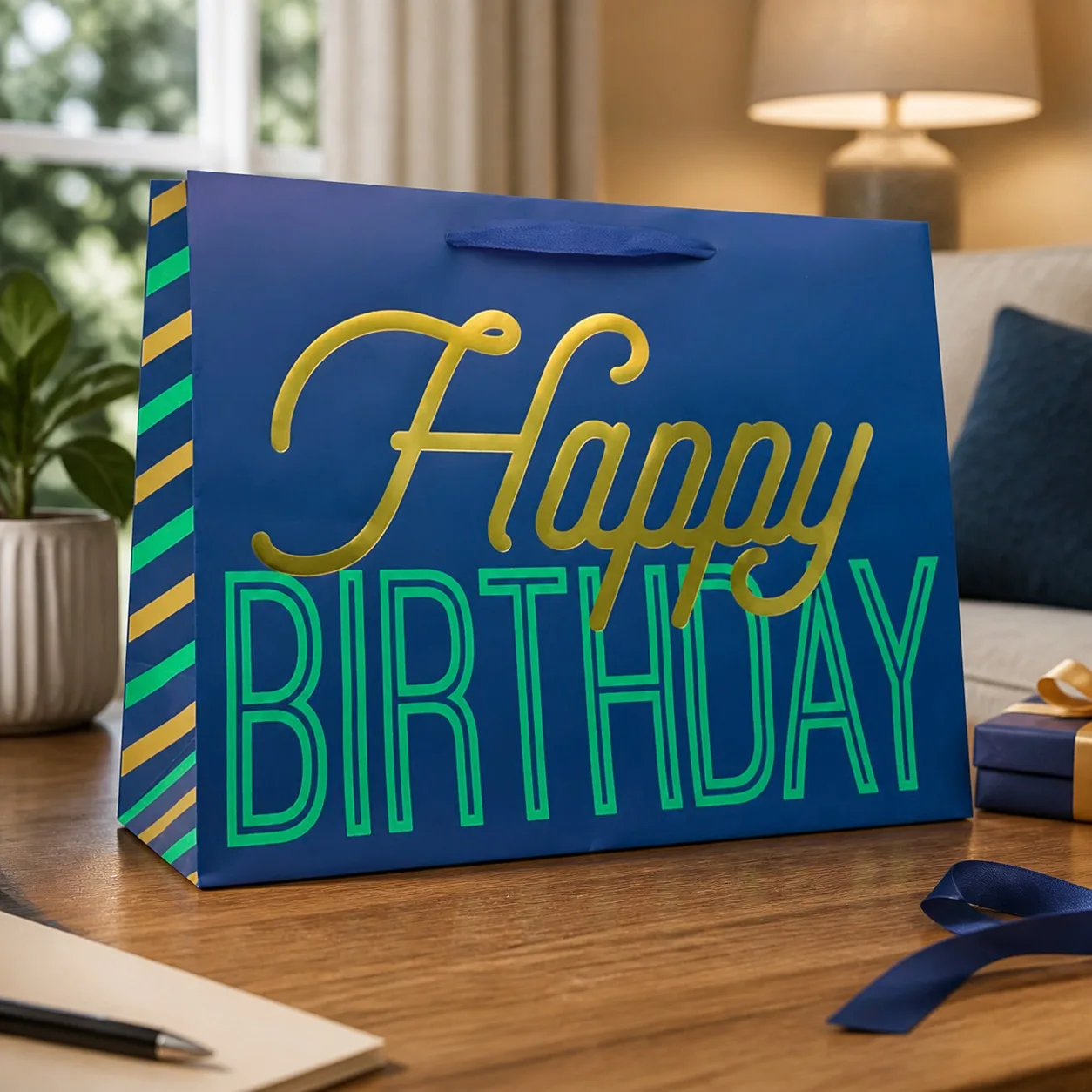 Bolsa de Regalo Mediana para Cumpleaños en Azul Marino, Verde y Dorado, Resistente Bolsa de Papel para Fiestas con Asas para Regalos