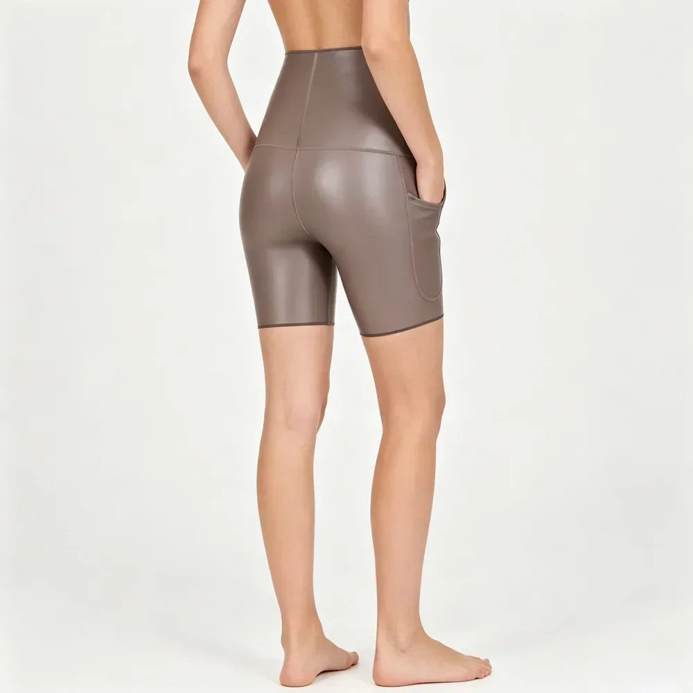Women High Waist Stretch Faux Leather Shorts Slim Fit PU Short Pants with Pockets