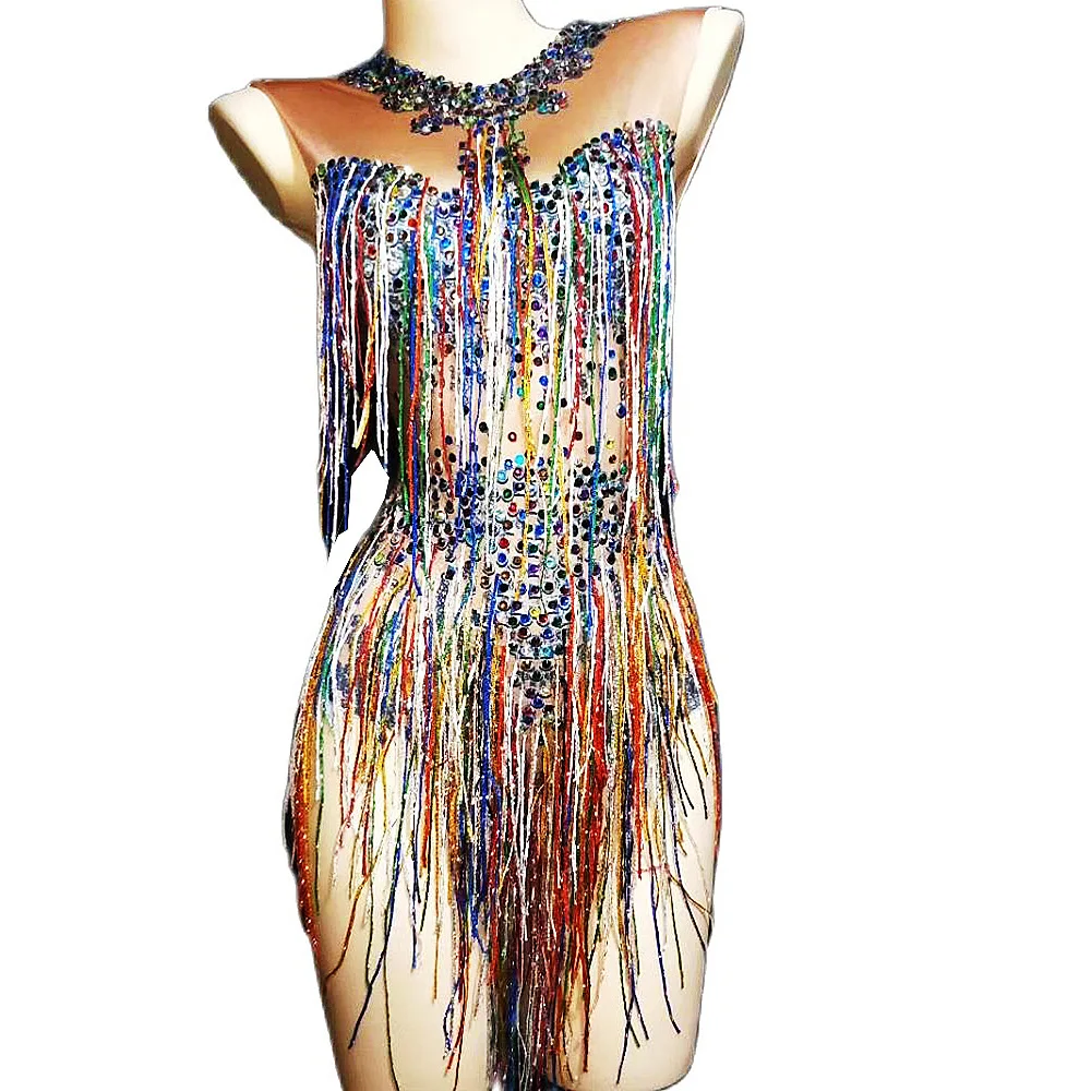 

Women Sleeveless Shining Colorful Rhinestones Tassel Bodysuits Sexy Backless Pole Jazz Latin Ballroom Costume Bar Party Cloth