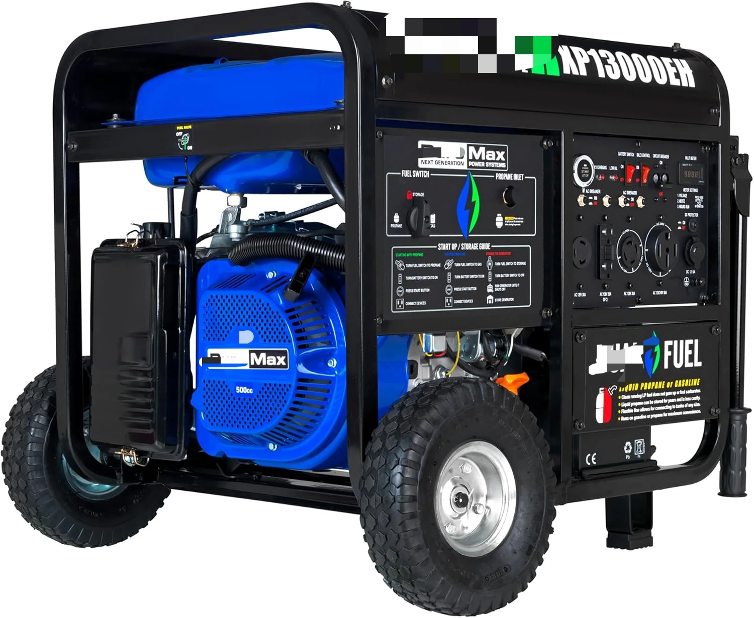 Dual Fuel Portable Generator 13000 Watt Gas or Propane Powered Electric Start-Home Back Up, Blue/Gray