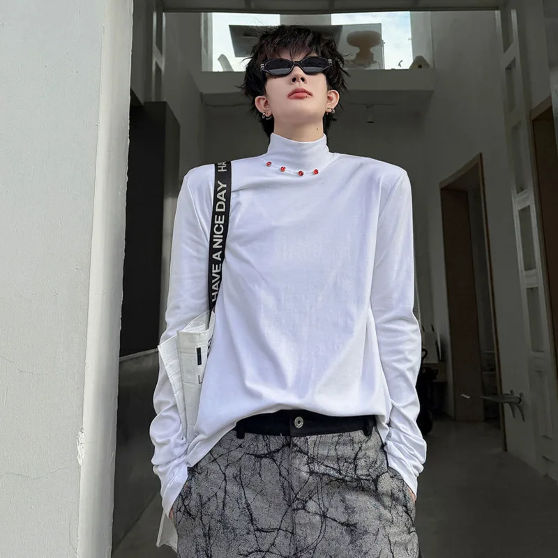 WVGA 2026 Spring Autumn New Men's High Collar Diamond Decorated Long Sleeve T-Shirt Niche Chic Casual Two Colors Tops Ins W27070