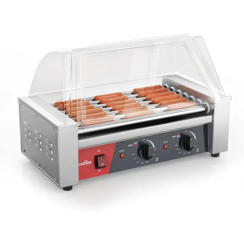 

CROSSON Hot Dog Grill with Transparent Sneeze Guard, Dual Temperature Control, Commercial Hot Dog Grill