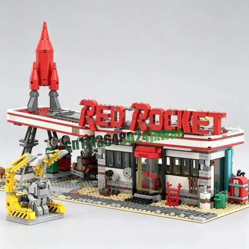 1996PCS Red Rocket Modular Gas Station MOC Model Custom Puzzle Retro Street View DIY Creative Assembly Building Blocks Toy Gift