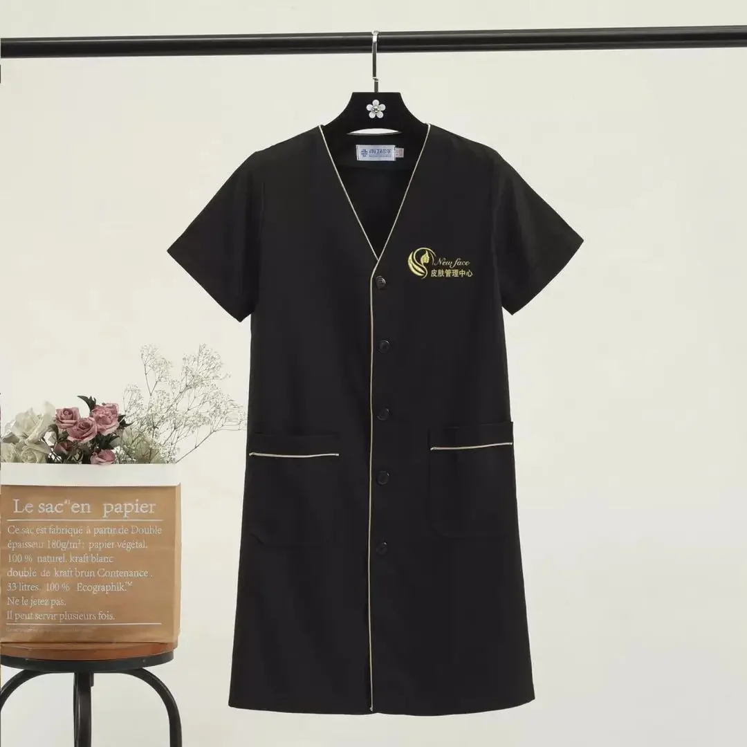 Black short Beautician tops beauty uniform dress spa uniform scrub uniform white plus size Salon grooming clothes Lab coat logo