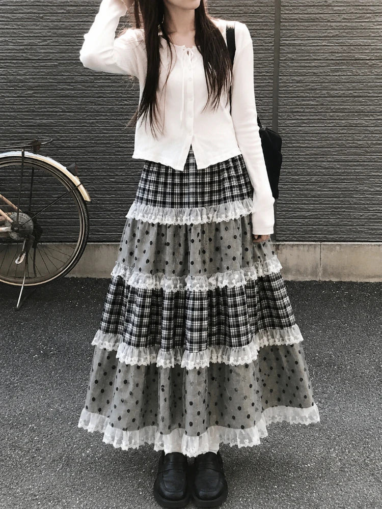 French Retro Lace Patchwork Flared A-Line Skirt Japanese Sweet Lolita Vibe Harajuku Y2K Hot Girl Trendy Daily Streetwear Skirt