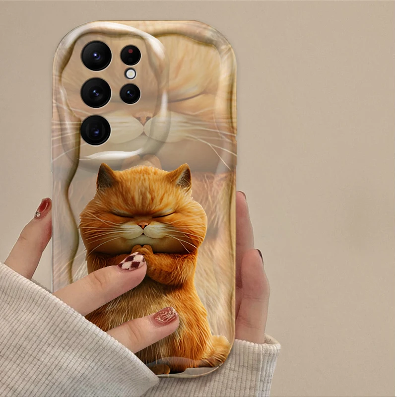 برتقالي أسود أبيض القط جميل التعبير حقيبة لهاتف سامسونج غالاكسي S25 S24 الترا S23 S22 S21 S20 زائد FE A56 A36 A26 غطاء متموج #6