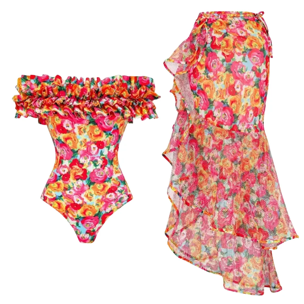 2024 Woman bikini set two-pieces Floral Print Bikini Swimsuit and Skirt Swimwear Women Beachwear Bathing Suit