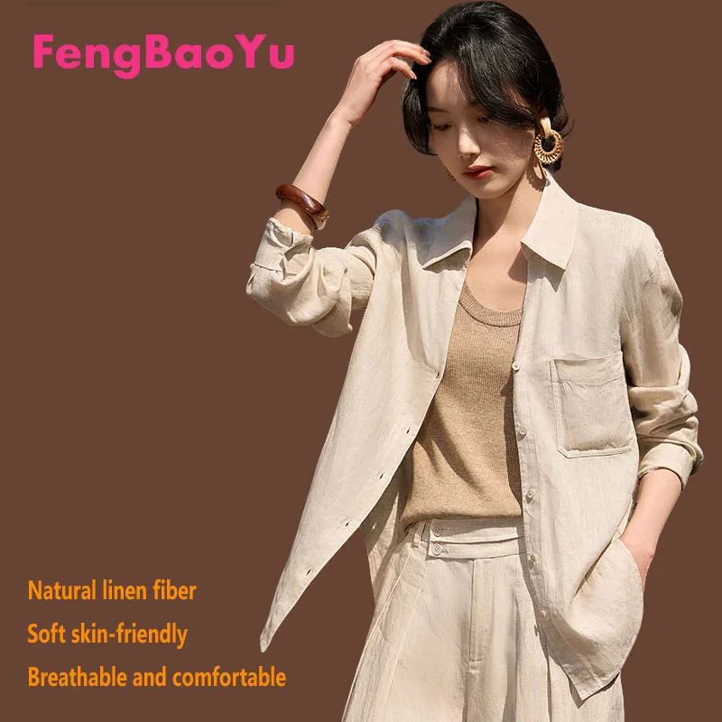 

Fengbaoyu 100% Natural Linen Women's Shirt Loose Long-Sleeved Top Simple and Elegant Outdoor Casual Shirt Comfortable and Cool