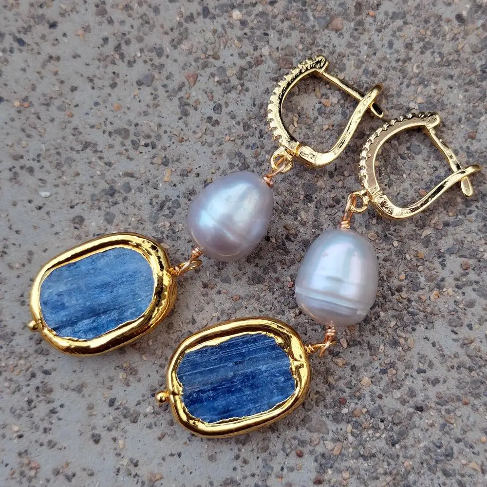 

KKGEM 18x23mm Matte Finish Teardrop Pendant 14x15mm kyanite rectangle Freshwater Gray Pearl Collar Necklace Earrings Set