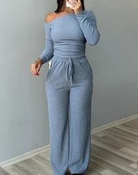 Two Piece Set Women Outfit 2024 Autumn Skew Neck Long Sleeve Pullover Ribbed Top & Stretchy Tied Detail Waist Pants Outfits Set