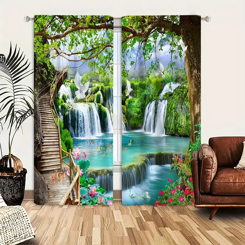 2pcs Scenic Waterfall Floral Printed Curtains, Designed for Light Filtering, Quality Material, Ideal for Nature-Inspired Home W