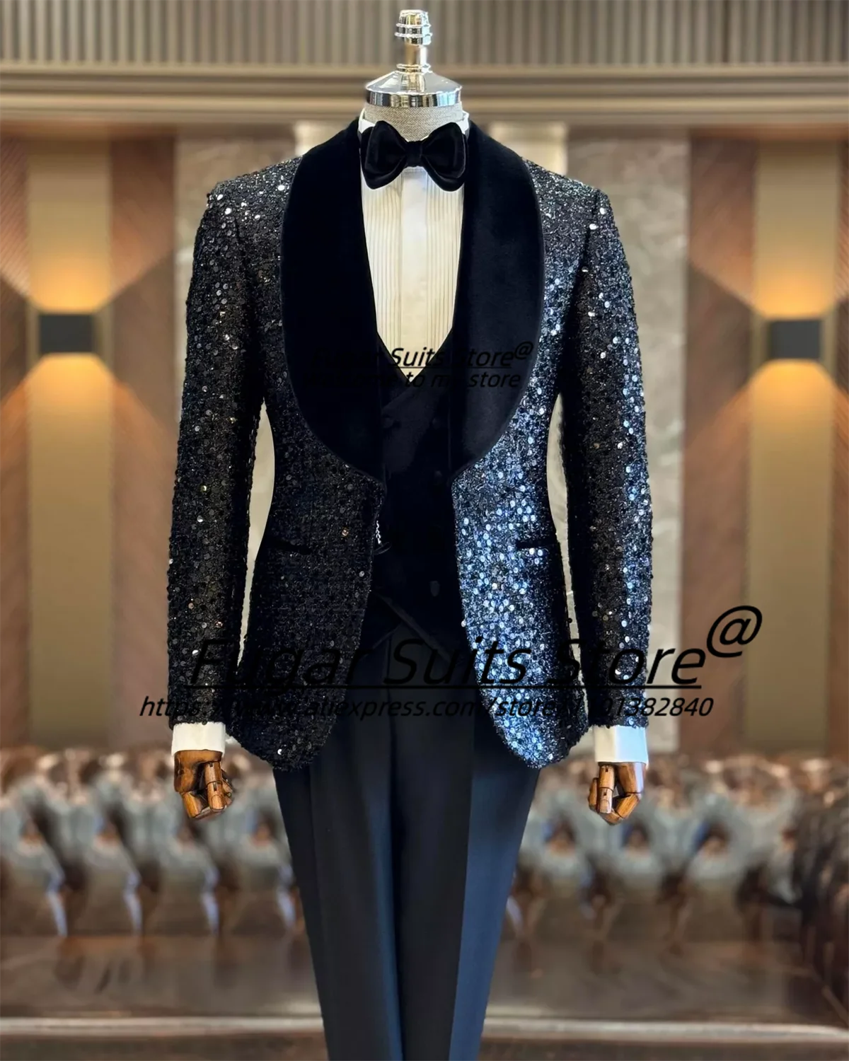 

Shiny Black Sequins High-end Men Suits Slim Fit Shawl Lapel Groom Wedding Tuxedos 3 Pieces Sets Business Male Prom Party Blazers